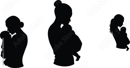 Silhouette of mother holding baby, maternal love, motherhood care, woman cradling infant, family bond, nurturing parent, newborn child, parenting affection, mother and child illustration