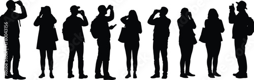 Silhouette group of people photographing with cameras and smartphones, travel photography concept, tourists capturing moments, modern lifestyle, technology, backpackers,