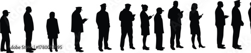 Silhouette people standing in line, diverse group waiting queue, human figures side profile, crowd illustration concept, social behavior, public space, urban lifestyle, patience