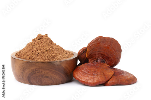 Lingzhi mushroom. lingzhi mushroom powder in a wooden cup. isolated on white background.