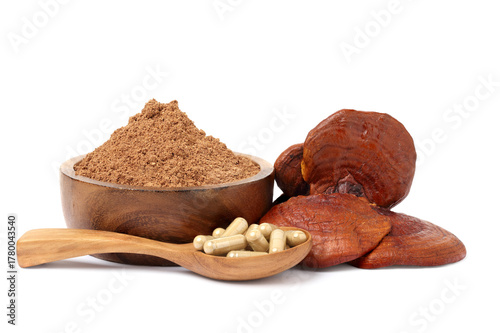 Reishi mushroom capsules in a wooden spoon. reishi mushroom powder in a wooden cup with reishi mushrooms on the side. isolated on white background.