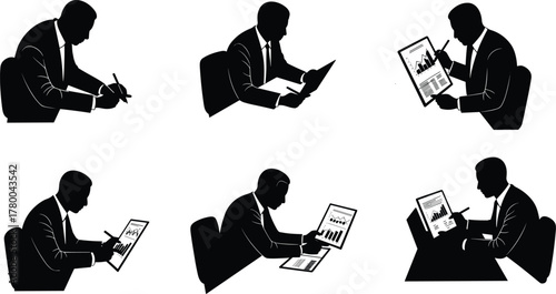 Financial analyst silhouettes working on laptops and tablets, data analysis icons, business charts, graphs, professional teamwork, corporate finance, digital economy, investment strategy illustration