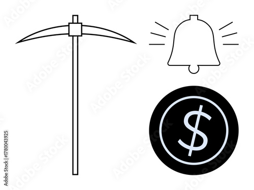 Pickaxe tool, ringing bell, and dollar coin symbolizing resource mining, notifications, and wealth creation. Ideal for finance, mining, alerts, technology investments productivity simple flat