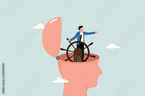Self-control or thought leadership for business decisions or guidance in the right direction, motivation, mindset or concept of consciousness, the entrepreneur holds the steering wheel in his head.