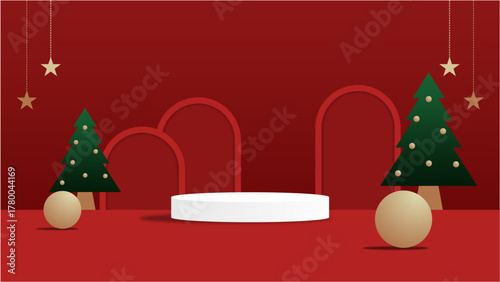 Minimal Red Christmas Podium Scene