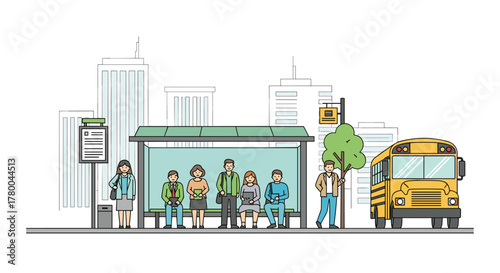 Diverse group waiting at city bus stop with school bus background, perfect for urban lifestyle and transportation needs