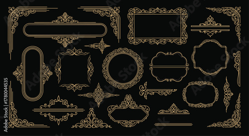 Elegant gold frame collection for invitations and design projects with vintage flair on black, perfect for weddings