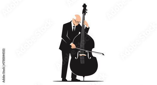 Elegant senior musician playing acoustic bass with passion in modern black suit for jazz performance or classical concert