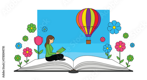 Discover magical stories and colorful adventures with a book, flowers, and hot air balloon for education and whimsical designs