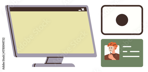 Desktop monitor, camera, and ID emphasize identity verification in digital systems. Ideal for technology, online security, authentication, biometrics, user onboarding, personal data simple flat