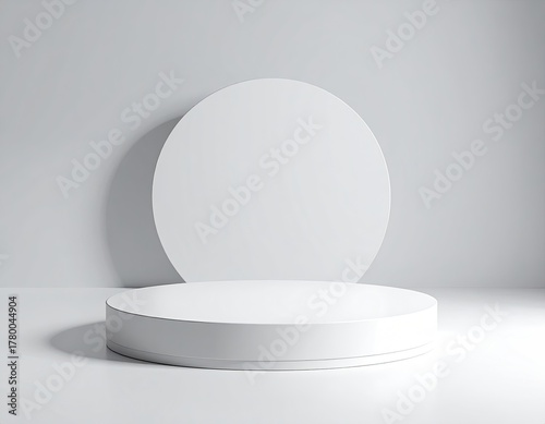 White cylindrical platform with circle backdrop