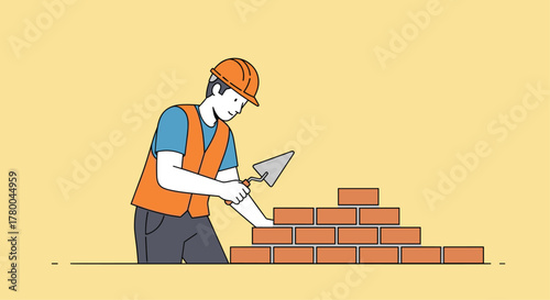Dedicated construction worker carefully laying bricks for a solid foundation on the job site today