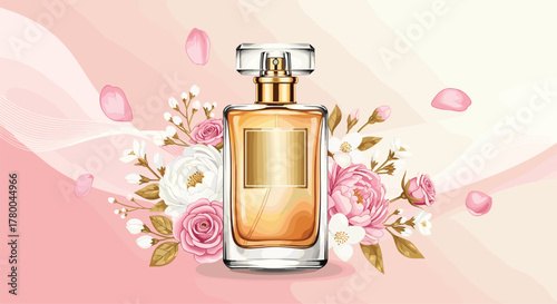 Elegant perfume bottle surrounded by delicate roses and petals for beauty and fragrance brand marketing