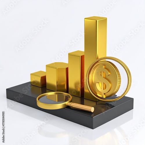 Gold bars, coin, and magnifier on black platform