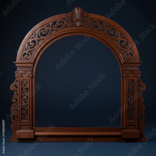 Elaborately carved wooden architectural archway stands against a deep blue background