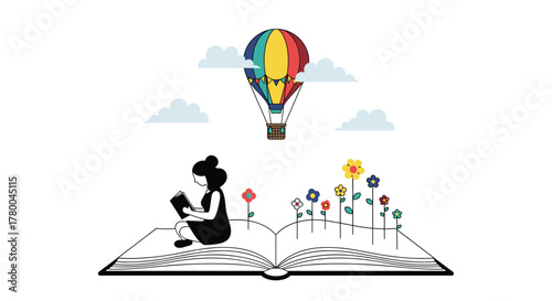 Girl reading book in a magical world with colorful hot air balloon and flowers for education blog or children storybook designs