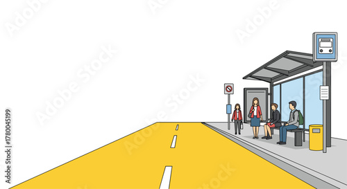 Passengers wait at a bus stop on a bright yellow road, ready for their commute on public transport