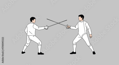 Two skilled fencers engage in a dynamic duel, showcasing precision and strategy with swords in hand for a thrilling competition