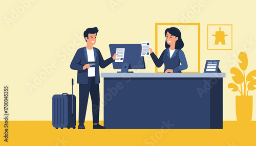 Friendly hotel receptionist assisting guest with booking confirmation at reception desk during travel stay