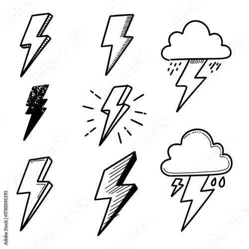 Doodle hand drawn lightning bolt symbol with cloud and rain weather icon set