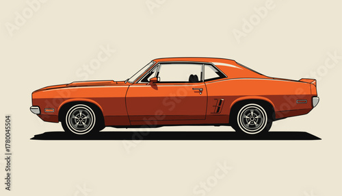 Vibrant orange vintage muscle car illustration evokes classic American automotive style and design enthusiasm