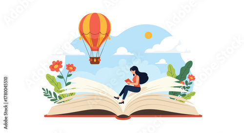 Discover captivating stories as a woman reads a book on a giant novel, inspiring imagination and dreams with a hot air balloon