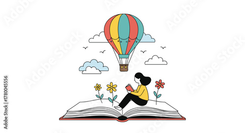 Find inspiration reading a book on a giant book with a hot air balloon adventure overhead in a whimsical landscape