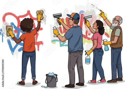 Volunteers in casual clothes cleaning graffiti off a wall with scrubbers and buckets of cleaning solution.