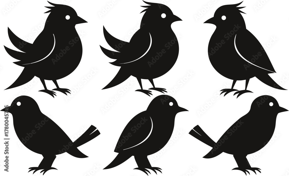 Fototapeta premium Six Black Bird Silhouettes on White Background birds