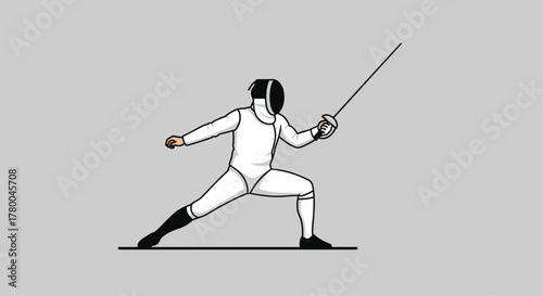 Dynamic fencer poised for action with sword in hand, ready for the competitive match in a sleek white uniform