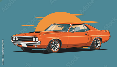 Own the road with this classic orange muscle car against a retro sunset, perfect for automotive enthusiasts