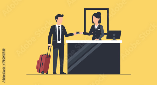 Elegant businessman checking into a modern hotel, receiving keycard from professional receptionist at the front desk
