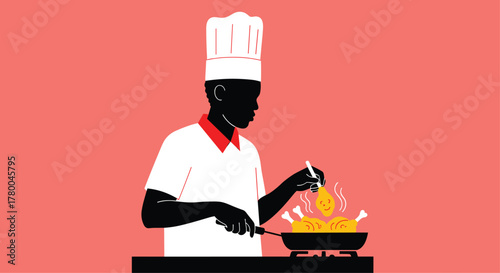 Chef cooking delicious chicken drumsticks in a pan with happy faces creating a fun and playful culinary experience