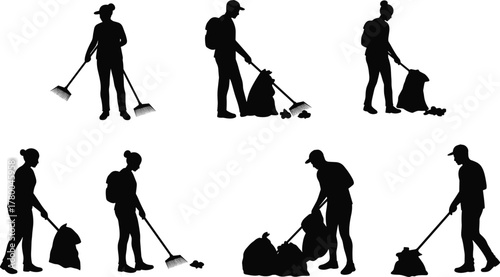 Silhouette workers cleaning environment, people sweeping trash, sanitation teamwork, community service volunteers, eco friendly lifestyle, waste management, urban hygiene, public health, 