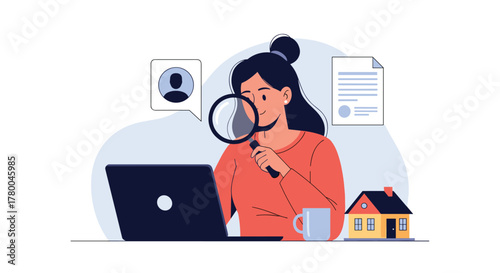 Find your dream home now woman using magnifying glass searching online ideal property investment real estate market research