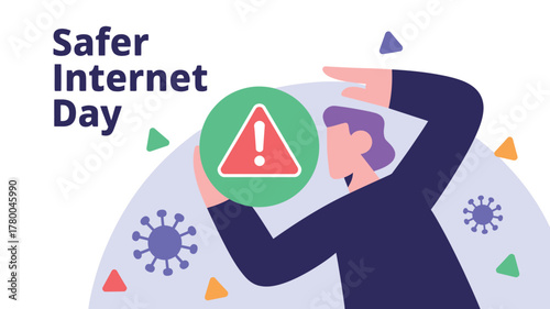 Illustration for Safer Internet Day featuring a person protecting from internet threats, viruses, and scams