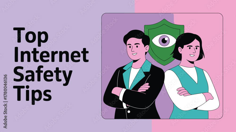 Naklejka premium Internet Security Cartoon Illustration of a Man and Woman with Security Shield Symbolizing Protection