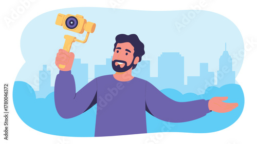 Man Recording Cityscape with Camera on Gimbal for Vlog or Social Media Post