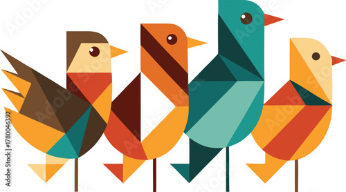 Four Geometric Birds Standing Together on White Background