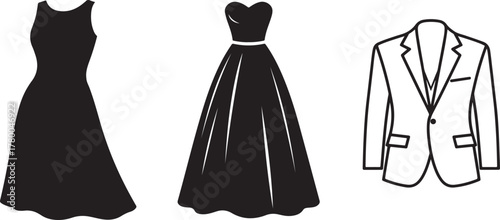Elegant Formal Wear Icons: Black Dresses and Men's Suit Outline