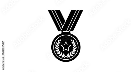 Black and white illustration of a medal with a star and laurel wreath