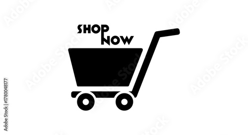 Black shopping cart icon with shop now text for online retail