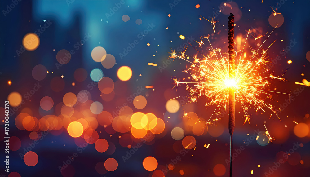 Obraz premium Sparkler with blurred fireworks light up the night sky during New Year celebration