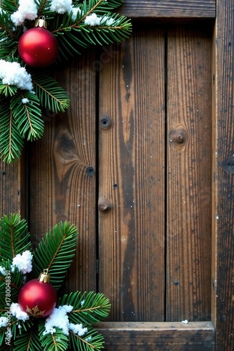 Aged wood backdrop, snowy fir branches frame, Christmas message area , template, winter