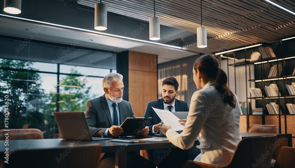 Fototapeta premium Senior project manager discusses report with team in modern office setting near window, concept for business meeting, corporate strategy and project planning