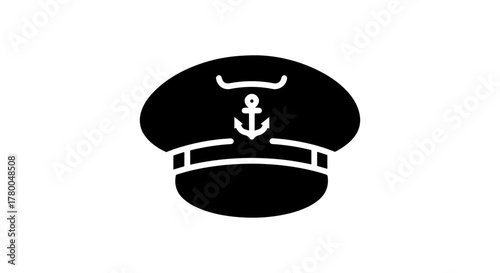 Black and white captain s hat with anchor emblem and white band