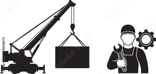Monochrome Flat Vector Icons: Crane, Heavy Load, and Industrial Worker