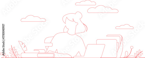 Red Line Drawing Woman Working at Laptop with Books and Clouds Above