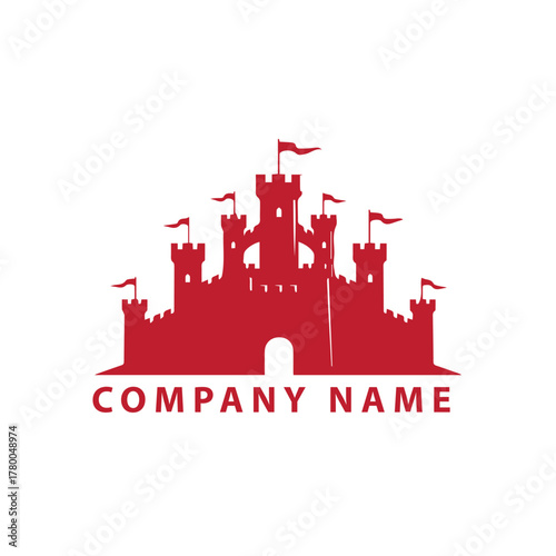 Red silhouette logo of a medieval castle with multiple towers and flags, set above placeholder text.