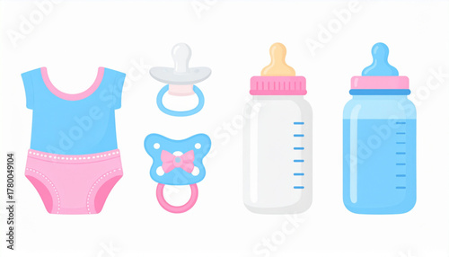 Soft Pink & Blue Flat Icons of Baby Care Essentials